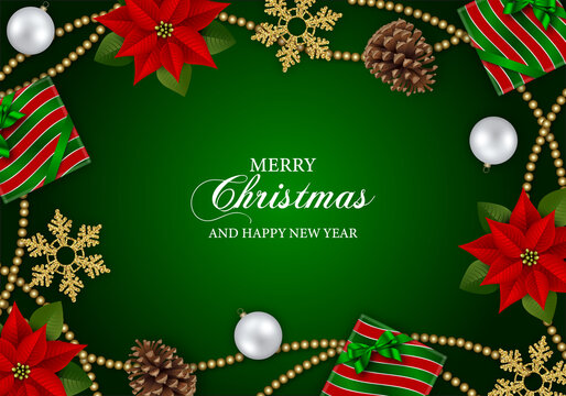 merry christmas background with poinsettia flowers, pine cones and christmas decorations
