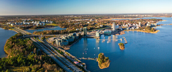Panoramic view of a business buildings, ocean and a highway in Keilaniemi, Espoo, Finland