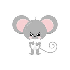 Cute mouse hold baby tooth in paws isolated on white bckground. Funny little mice boy took milk tooth concept. Flat design adorable rat cartoon dental character vector illustration.