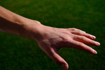 arm and hand veins prominent after sports. young mans hand and arm.