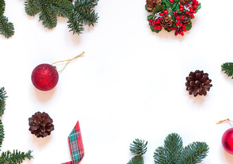 Christmas and New Year concept frame with winter holiday decorations  on the white background. Top view festive greeting card. Copy space