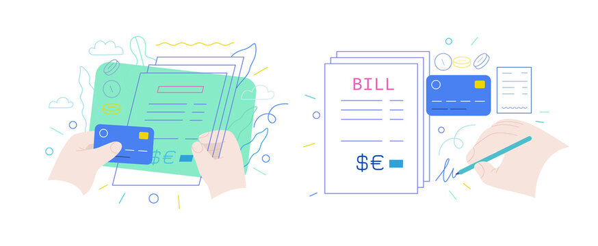 Medical insurance - hospital bills payment -modern flat vector concept digital illustration - patient signing a stack of invoices, holding a credit card, medical service metaphor