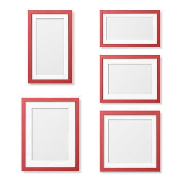 Vector 3D Reaistic Wooden or Plastic Simple Modern Minimalistic Red Picture Frame Set Isolated on White Background. Design Template for Mockup, Presentations, Art Projects and Photos