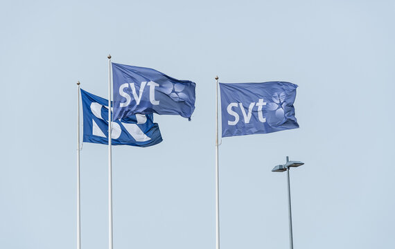 Gothenburg , Sweden - April 10 2011: Flags of Swedish Television, SVT ans Swedish Radio SR..
