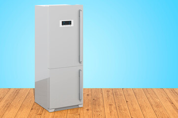 Modern fridge on the wooden planks, 3D rendering
