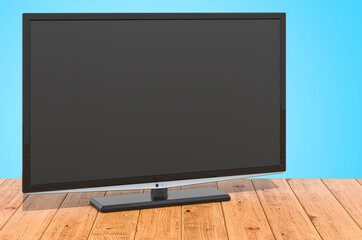 Modern TV set on the wooden planks, 3D rendering