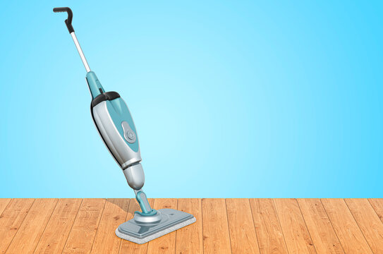 Steam mop on the wooden planks, 3D rendering