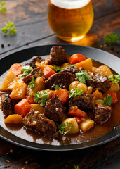 Beef Stew with carrot and baby potato in black plate on wooden table