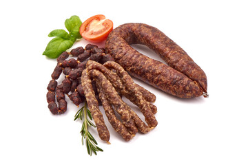 Wild meat sausages, isolated on white background