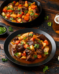 Beef Stew with carrot and baby potato in black plate on wooden table