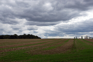 Dark skies over fields in Hertfordshire near Sawbridgeworth, England