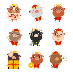 Set of cute cartoon bulls and cows in traditional costume.New year cattle with various festive attributes.Set of holiday animals for the design of calendars,cards,advertising.Vector illustration