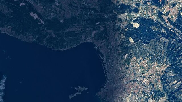 Coastline and city sunrise animation satellite aerial view on Marseille map France Europe. Images furnished by Nasa