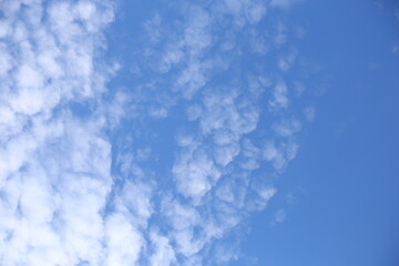Summer blue sky with white clouds, background, copy space.