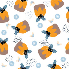 Seamless pattern with sweet Christmas cake. Holiday print. Vector hand drawn illustration.