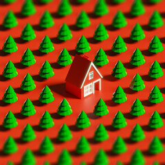 Low poly house with Christmas trees around red background - Holidays pattern