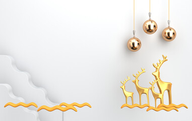 Christmas scene with golden deer and glass toys, 3d render