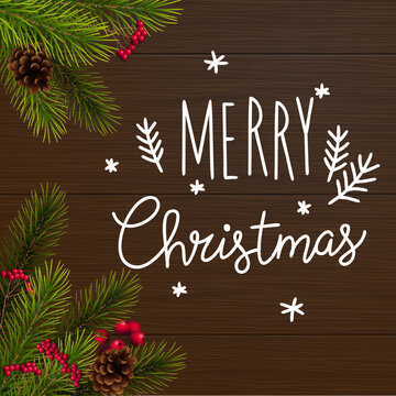 Christmas and New year realistic vector template with christmas tree branches, stars, cones and holly berries on venge dark wood background.