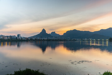 dusk in the lagoon rodrigo de freitas with the gavea stone and the two hill brothers in the background