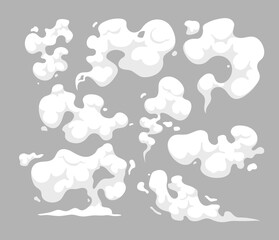 Fototapeta na wymiar Set of Cartoon Smoke Clouds, White Dust Steam Design Elements, Flow Mist, Smoky Steam. Chemical, Aroma or Toxic Vapour