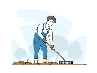 Gardening and Farming Concept. Man Gardener Character Rake Soil Care of Plants Weeding Garden Bed. Farmer Grow Vegetable
