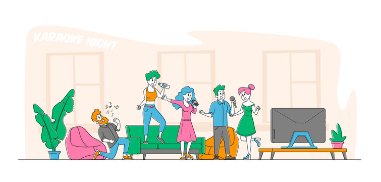 Young People Dancing, Singing Karaoke at Home Concept. Male and Female Friends Company Characters Sing with Microphones