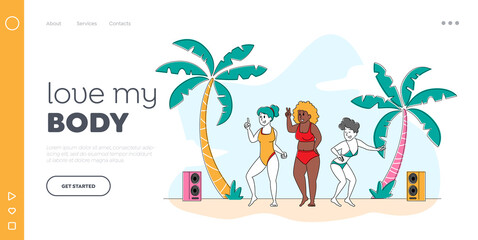 Fototapeta na wymiar Beach Party, Body Positive Landing Page Template. Happy Slim and Overweight Girls Characters Dance and Relax on Seaside