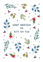 Merry Christmas and Happy New year greeting card in scandinavian style with hand drawn floral decorative elements, trendy modern style