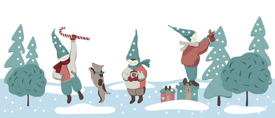 Fototapeta premium Christmas seamless pattern with the three elves in the caps. A gnome dresses up a Christmas tree, a gnome with a flashlight, a gnome with a Lollipop and a dog. Winter landscape for a banner.