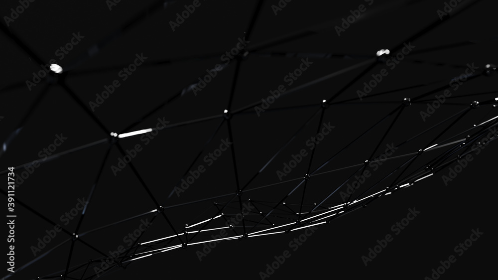 Wall mural network connection structure. science background. abstract molecules design. black atoms. background