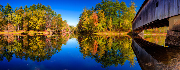 Panoramic view of Saco river and Hemlock bridge at fall
