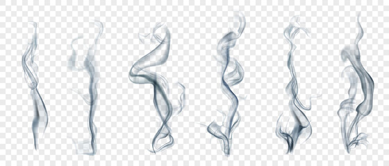 Set of several realistic transparent smoke or steam in white and gray colors, for use on light background. Transparency only in vector format © Olga Moonlight