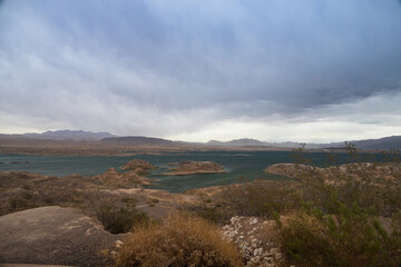 Fototapeta na wymiar Lake Mead National Recreation Area with mountains in background