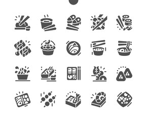 Traditional Japanese cuisine. Sushi rolls set in a variety of japanese food. Soy sauce, wasabi, pickled ginger. Menu for restaurant and cafe. Vector Solid Icons. Simple Pictogram