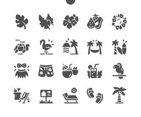 Tropical jungle plants. Summer rest and holiday. Monstera, palm and banana leaves. Vector Solid Icons. Simple Pictogram