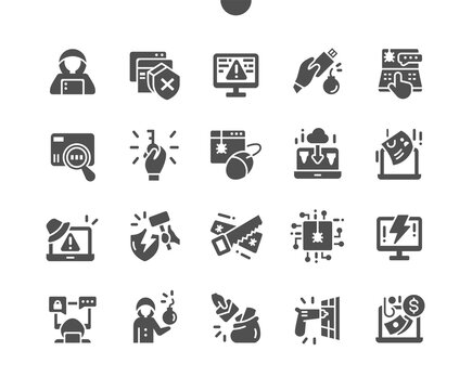 Cybercrime, information technology, phishing mail. Hacker with laptop computer stealing confidential data, personal information, credit card. Vector Solid Icons. Simple Pictogram