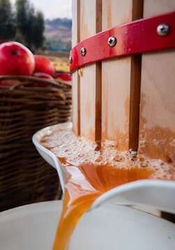 Apple juice stream closeup in apple press