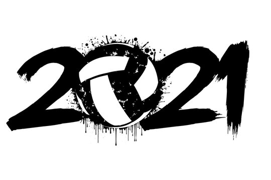 Abstract numbers 2021 and a volleyball ball from blots. 2021 New Year on an isolated background. Design pattern for greeting card. Grunge style. Vector illustration