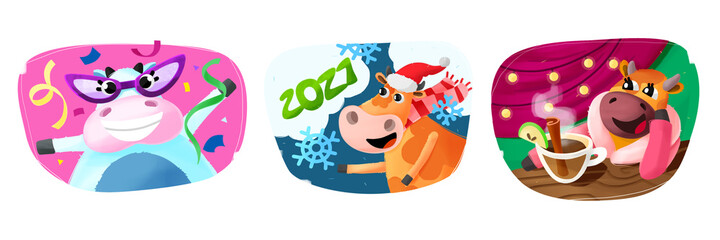 Symbol of the year. Winter illustrations. Three months of the year with a cow.