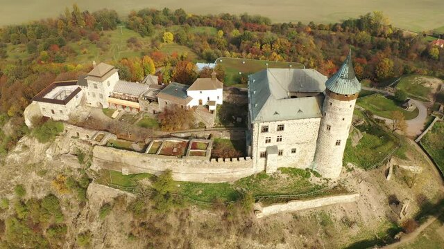 View from drone of Czech medieval Kunetice Mountain Castle