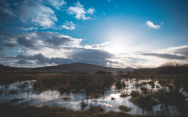 
Flooded Lough Allua lake at sunset. southwest ireland. A lake lying on the river Lee which flows into Cork.