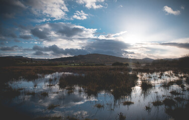 
Flooded Lough Allua lake at sunset. southwest ireland. A lake lying on the river Lee which flows into Cork.