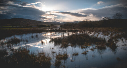Obraz premium Flooded Lough Allua lake at sunset. southwest ireland. A lake lying on the river Lee which flows into Cork.