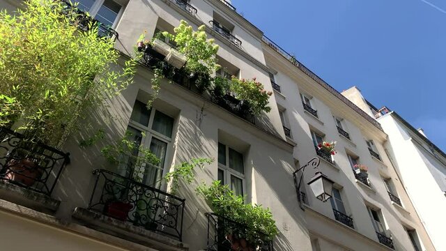 Bottom footage of traditional, typical buildings in Paris showing French / Parisian architectural style. It is a sunny summer day. Camera moves forward.