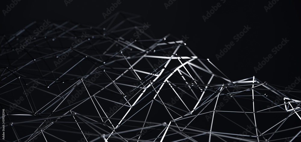 Wall mural network connection structure. science background. abstract molecules design. black atoms. background