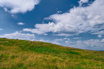 Naklejka na ściany i meble Summer landscape mountain slope with beautiful grass against the blue sky and cumulus white clouds.