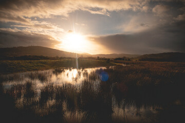Flooded Lough Allua lake at sunset. southwest ireland. A lake lying on the river Lee which flows into Cork.	