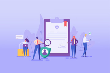 Set with people who signing document, protecting personal date, remitting transaction, checking documents. Concept of account security, privacy policy, user agreement. Vector illustration in flat