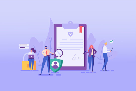 Set with people who signing document, protecting personal date, remitting transaction, checking documents. Concept of account security, privacy policy, user agreement. Vector illustration in flat