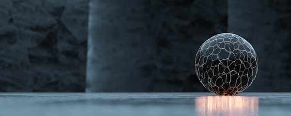 abstract ball sphere dark planet like shape modern design with glowing orange light and dark surface with reflections 3d render illustration